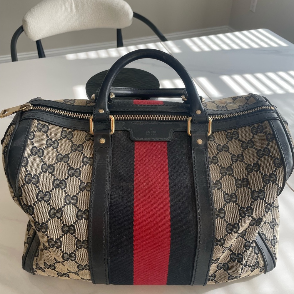 Gucci Beige and Black Travel Bag with Red Accent